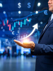 Realistic digital composite of a business executive holding a glowing upward arrow made of light, with layered stock charts, currency symbols, and financial growth icons in the background.