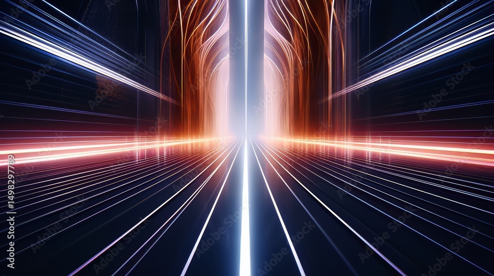 Poster long, narrow tunnel with a bright light shining through it. the tunnel is filled with bright blue an