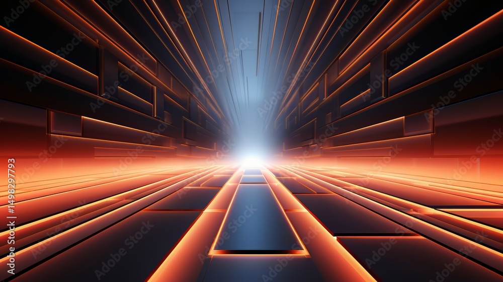 Poster long, narrow room with orange walls and black floor tiles. the room is lit with a bright light, crea
