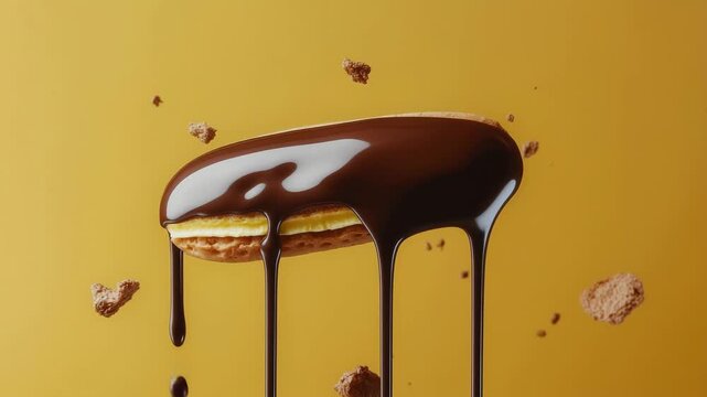 Delicious chocolate eclair dripping with chocolate sauce in slow motion