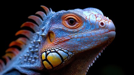 A regal green iguana with vivid scales rests calmly against a soft neutral backdrop.

