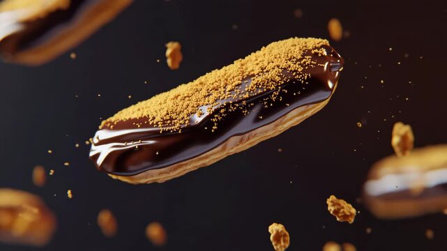 Floating chocolate eclair with crumb topping in rich dark background
