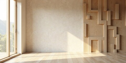 Empty Room with Large Window and Wooden Wall Feature, Ideal for Interior Design Inspiration