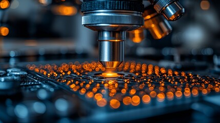 Microscope inspecting illuminated circuit board.