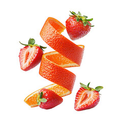 Spiraling orange peels with fresh red strawberries