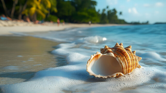Beautiful seashell resting on the sandy beach.