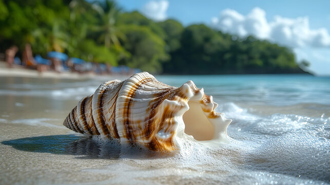 Beautiful seashell resting on the sandy beach.