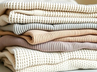 Fototapeta premium Cozy Textile Display: A stack of neatly folded knitwear in various neutral hues, inviting warmth and comfort, showcasing a tactile display of soft, textured fabric.