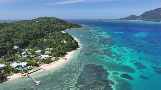 Cerf Island At Mahe Island Victoria Seychelles. Breathtaking Aerial View Of A Lush Tropical Coastline Scenery. Shore Clouds Sky Beach Sea. Shore Seaside Panoramic. Mahe Island Victoria.