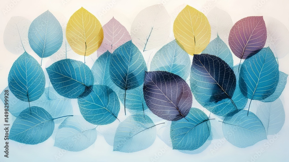 Poster painting of leaves in various shades of blue and yellow. the leaves are arranged in a way that creat