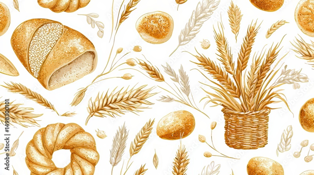Poster Pattern of bread and grains with a basket of wheat in the middle. The bread and grains are arranged in a way that creates a sense of abundance and nourishment