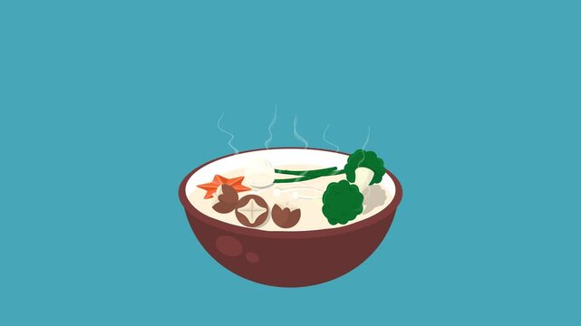 Cute and warm animation of traditional Japanese zoni soup with vegetables like mushroom and broccoli
