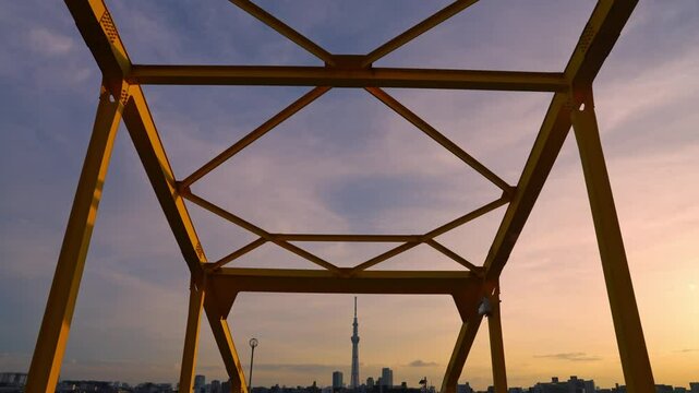 View from a bridge over a river in Japan and a view of Tokyo with a sunset sky.