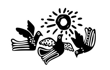 Three birds and sun. Brazilian cordel northeast woodcut illustration