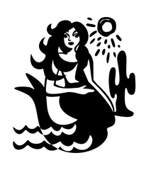 Mermaid, sun and cacti. Brazilian cordel style. Woodcut illustration