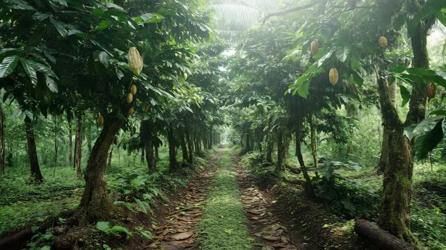 Sustainable cacao plantation under rainforest canopy, organic farming, eco-living landscape