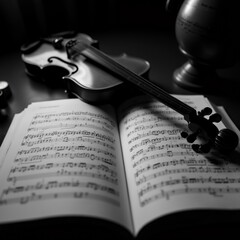 black white photograph open music book musical notes book lying wooden table violin resting top right side small globe pair glasses background blurred appears dark room window taken low angle looking