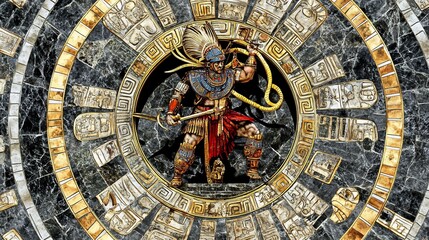 Obraz premium Aztec mythology warrior ascending sun pyramid surrounded by floating glyphs and golden serpents