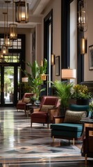 Elegant hotel lobby with luxurious seating area featuring terracotta and teal velvet armchairs, tropical plants, and pendant lighting creating warm ambiance in upscale hospitality interior design