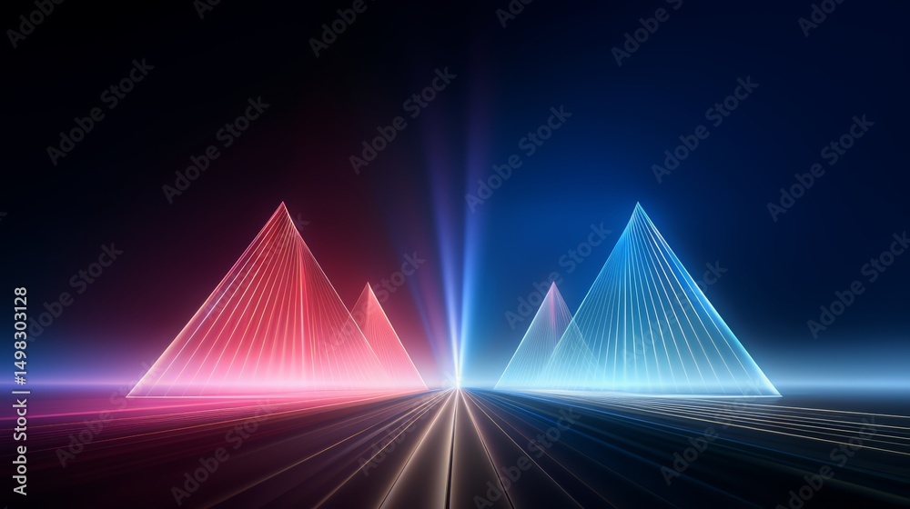 Aufkleber Series of pyramids are lit up in red and blue. The pyramids are arranged in a row, with the red ones on the left and the blue ones on the right. The lighting creates a sense of depth
