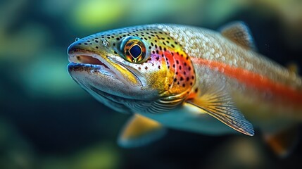 Fototapeta premium Shimmering rainbow trout with speckled skin swims in clear water against soft green hues.