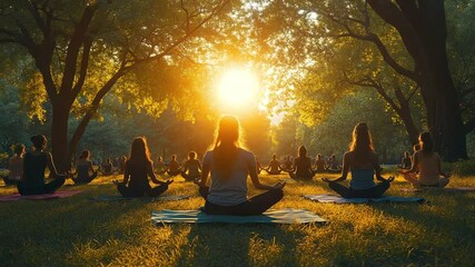 Group Meditation Session at Sunset in a Park - Powered by Adobe