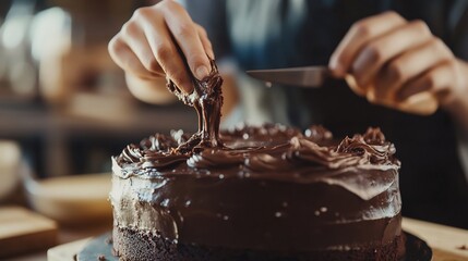 Baking decadent chocolate cake with rich frosting Indulgent dessert no text