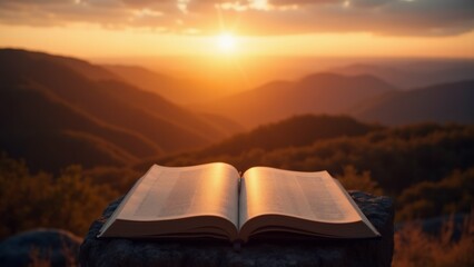 open book resting rock beautiful landscape background book open page text pages slightly curled sun setting distance casting warm orange glow over mountains sky filled clouds trees shrubs scattered