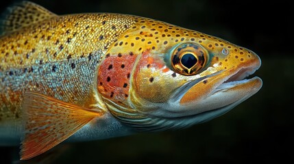 Shimmering rainbow trout with speckled skin swims in clear water against soft green hues.