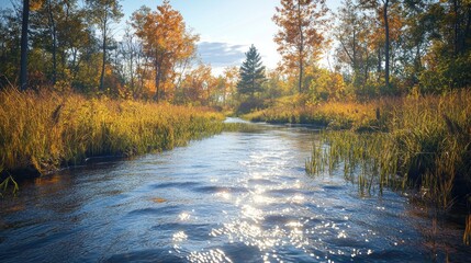 Autumn creek in a sunlit forest.  Tranquil waterway winding through golden foliage.  Sunlight reflects on the rippling water