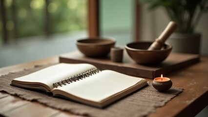 wooden table open notebook notebook resting brown placemat small candle right side side table wooden mortar pestle wooden handle next mortar two small bowls background blurred appears room window