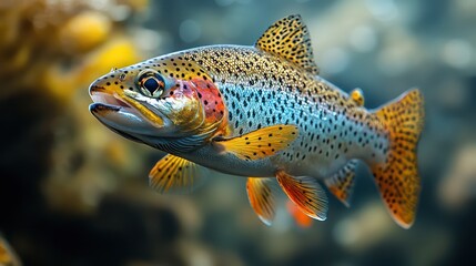 Naklejka premium Shimmering rainbow trout with speckled skin swims in clear water against soft green hues.