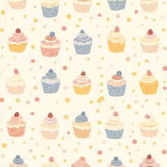 Seamless pattern with cute cupcakes topped with berries. Pastel colors and dotted background perfect for kids, baking themes, or packaging