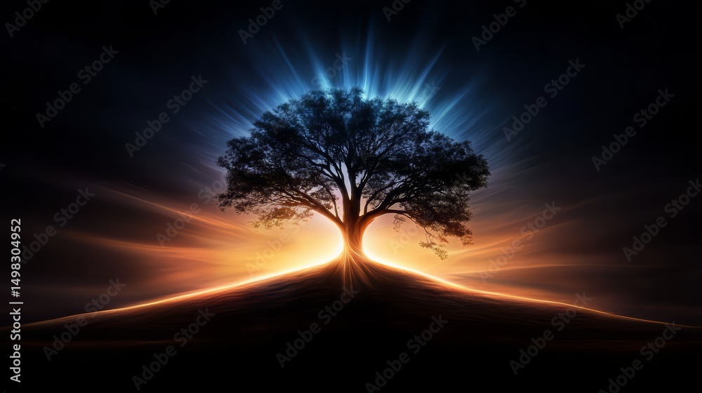 Aufkleber tree is the main focus of this image, with a bright blue and orange glow surrounding it. the tree is