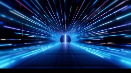 Tunnel with a bright blue light at the end. The tunnel is long and narrow, with the light shining through it, creating a sense of depth and mystery