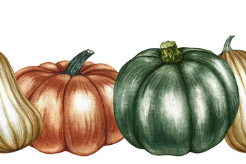 Seamless autumn border with green, yellow and orange pumpkins. Handmade watercolor illustration. Color image. For packaging, decoration, textiles. And also for printing.