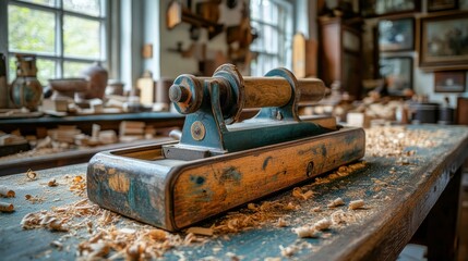 Antique woodworking machine on workbench
