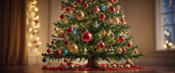 Ornate Christmas tree, vibrant baubles, soft bokeh lights, bokeh, xmas