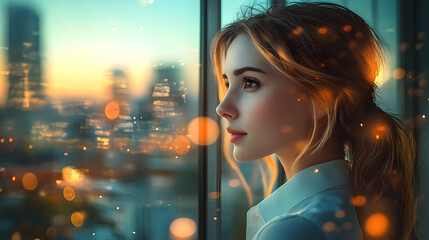 Woman gazing out a window at a city sunset.