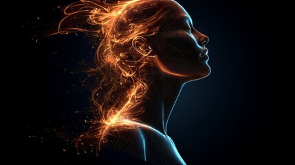 Woman's face is shown in a black background with orange flames surrounding her. Concept of chaos and destruction, as the flames seem to be engulfing the woman's face. The use of bright orange