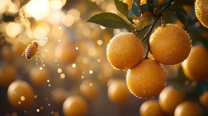 Fresh oranges on a tree branch, with a bee flying nearby