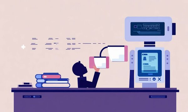 Side-by-side office scenes, one with a tired human at a desk and the other with a robot efficiently multitasking, soft flat design, pastel background