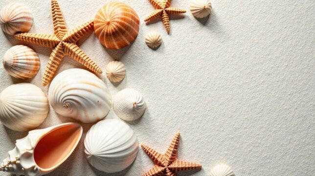 Seashells and starfish arranged on a sandy surface, creating a tranquil beach scene perfect for summer vacation memories or coastal-themed designs