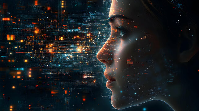 Profile view of a digital woman with data overlay.