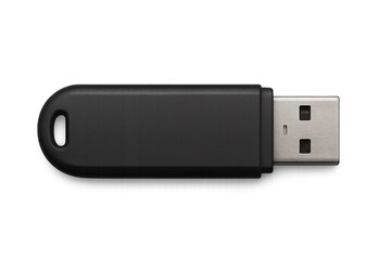 Metallic black usb flash drive with key ring, sleek connector gleaming against transparent backdrop