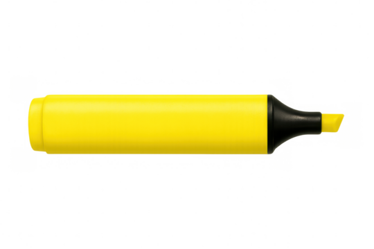 Yellow highlighter pen resting horizontally, positioned against transparent background with keying potential