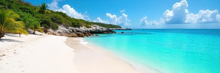 Fototapeta premium Serene, secluded cove with pristine white sand and turquoise water, untouched by crowds Perfect for relaxation and escape Sun-kissed dunes meet the ocean's edge , sunlight, paradise