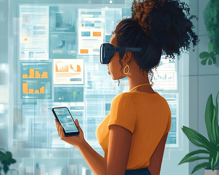Woman in virtual reality headset interacting with digital information.