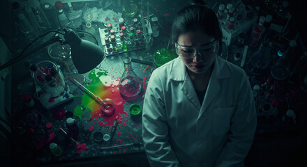 Frustrated Female Scientist in Chaotic Dark Chemistry Laboratory - Failed Experiment
