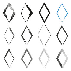 Abstract ink diamonds. Sketch style frames. Sharp edged shapes. Black and white.